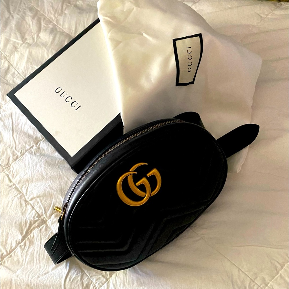 Gucci Belt Bag.  Marmont Matelasse Leather Black Purse